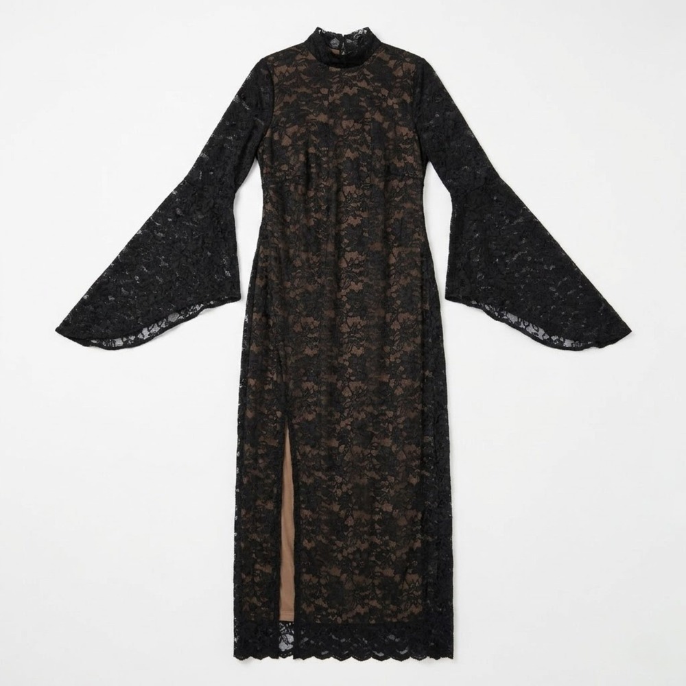 ELOQUII Lace Bell Sleeve Maxi Dress NWT 14 Black Nude Illusion Goth Formal‎